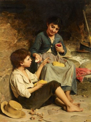 Two children with bread and apples